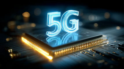 A glowing 5G symbol emerging from a microchip illustrating next generation connectivity and advanced digital infrastructure.
