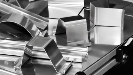 Industrial concept. Multiple metal parts bent and cut using an industrial press for bending and cutting metal parts. © Aleksandr Matveev