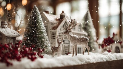 Festive holiday scene with reindeer miniature figures amidst snow-covered Christmas village decor