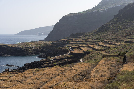 Terraced fields on steep volcanic cliffs above deep blue ocean and rugged rocky coastline at Costa El Sauzal in Tenerife, Canary Islands, Spain. - Powered by Adobe