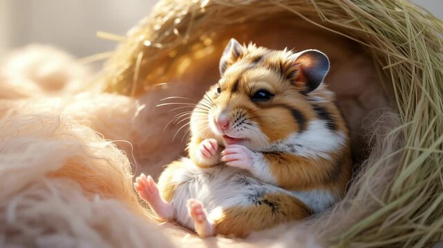 Adorable hamster curled up sleeping peacefully in burrow