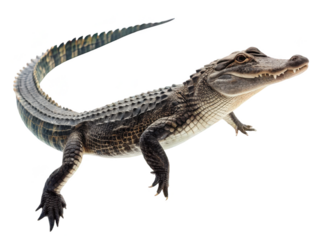 Highly detailed, realistic depiction of a juvenile American alligator with textured, scaled skin and powerful limbs, positioned in a low-crawl pose with its tail, isolated on transparent background.
