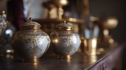 Elegant Ornamental Jars with Gold Leaf Detailing Displayed on a Wooden Surface