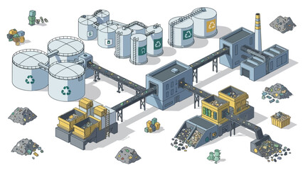 Obraz premium Isometric illustration of a waste management and recycling plant with various stages of processing and disposal