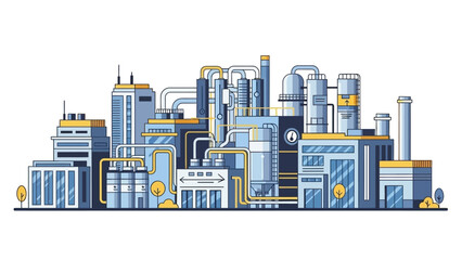 Obraz premium Modern industrial complex with multiple buildings, pipes, and tanks, illustrating chemical processing and manufacturing operations