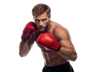 Muscular and determined Caucasian male boxer with short blond hair and a rugged beard, wearing vibrant red leather boxing gloves and dark athletic shorts, is, isolated on transparent background.