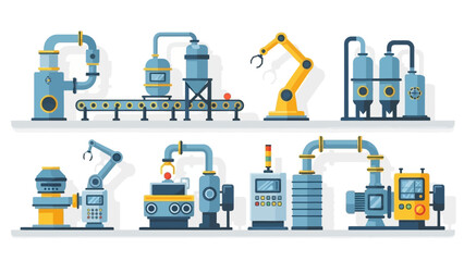 Industrial factory manufacturing processes with automated machinery and robotic arms, conveying assembly line technology