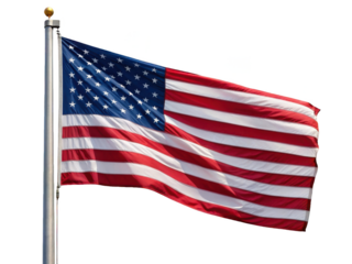 A vibrant and realistically rendered American flag, constructed from durable nylon fabric with bold red and white stripes and a deep blue canton filled with, isolated on transparent background.