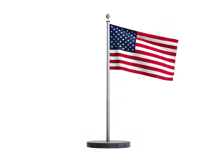 A realistically rendered, vibrant American flag constructed from textured fabric with visible stitching and subtle wrinkles, gently waving from a polished silver, isolated on transparent background.