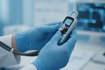 Close up of a professional doctor's hands using a high-tech stethoscope