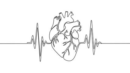 Human Heart with ECG Line Art Minimalist Design in Black and White for Medical Illustration