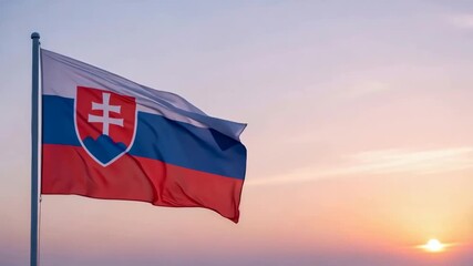 Slovakian flag on flagpole waving against a sunset sky. National banner for travel tourism and pride concept.