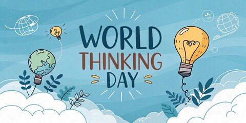 World Thinking Day landscape with light bulbs and creative nature elements concept baner card