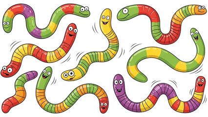 Obraz premium Colorful Cartoon Worms in Playful Motion on White Background for Childrens Illustration