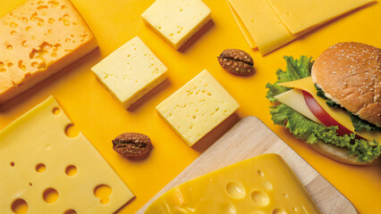 Assorted Cheeses and Burger Flat Lay