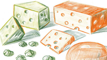 Colorful Hand-Drawn Cheese Still Life