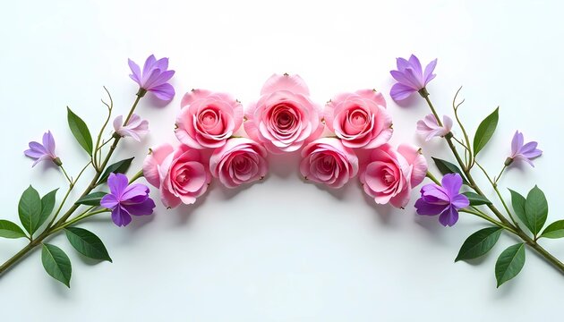 Floral Elegance: Capturing the exquisite beauty of soft pink roses and vibrant purple wildflowers, an artistic composition exudes a sense of grace and natural splendor. 