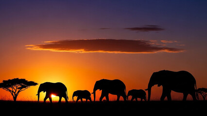 Fototapeta premium Elephant Herd Silhouette in Serene Savannah Landscape at Vibrant Orange Sunset with Deep Blue Sky for Wildlife Conservation