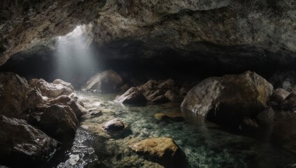 Sunlight Streams Into a Rocky Cave Illuminating a Pool of Water.