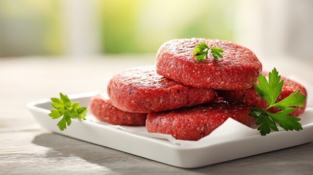 A stack of raw beef patties elegantly arranged on a white plate, accentuated with fresh parsley leaves. Perfect for grilling, these patties promise a delicious homemade burger experience.
