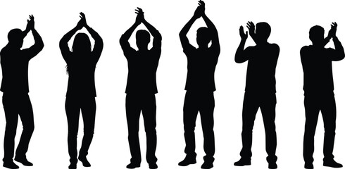 Silhouettes of six people clapping hands with arms raised against white background