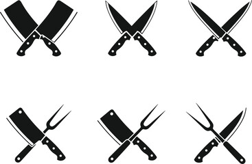 Six black crossed kitchen knives and carving forks on white background kitchen knife