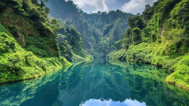 A tranquil river flowing through a lush green rainforest with steep cliffs and abundant vegetation. The waterway reflects the surrounding nature, creating a serene environment.