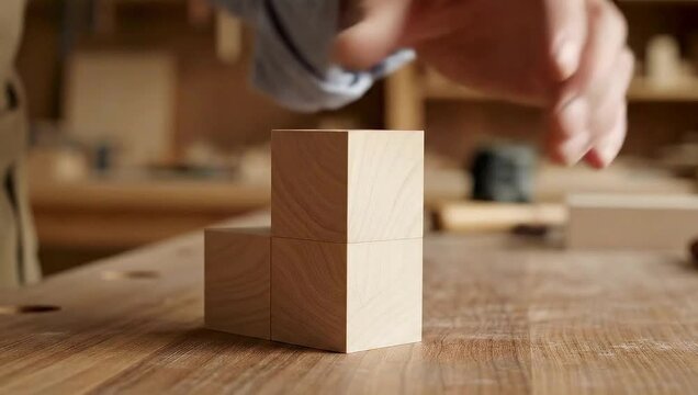 Close-up of a carpenters hands assembling wooden blocks on a workbench, showcasing precision and craftsmanship in woodworking.