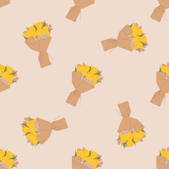 Seamless pattern with yellow tulip bouquets wrapped in kraft paper on soft beige background, cozy spring floral print for fabric, gift wrap, wedding decor and feminine branding