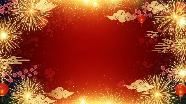 Elegant Golden Dragons and Traditional Lanterns on Red Background with Ornate Frame for Chinese New Year Celebration and Lunar Festival Greetings, Copy Space