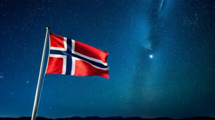 Norwegian flag waving proudly against a starry night sky with Milky Way visible. Independence day celebration backdrop.