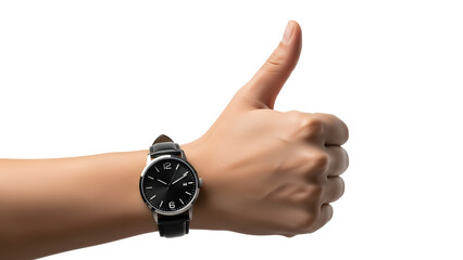 Close-up of a hand with a wristwatch giving a thumbs up sign, demonstrating approval and time