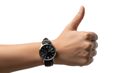 Close-up of a hand with a wristwatch giving a thumbs up sign, demonstrating approval and time