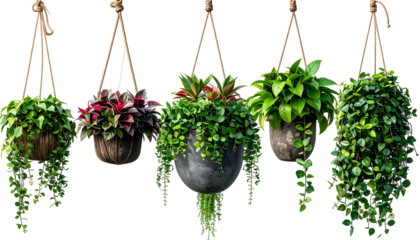 Five hanging planters with assorted greenery, suspended by ropes, against a transparent backdrop