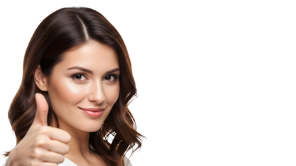 A woman smiles and gives a thumbs-up gesture, showing approval