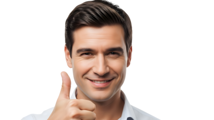 Smiling man gives thumbs up sign, expressing positivity and approval. He's cheerful and optimistic, offering a gesture of affirmation and endorsement.