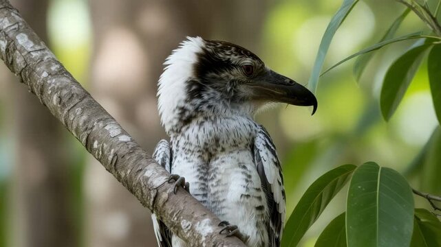 Mysterious potoo bird staring with large eyes on tree in rainforest