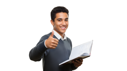 Young man giving a thumbs-up while holding a book, showing a gesture of approval and satisfaction