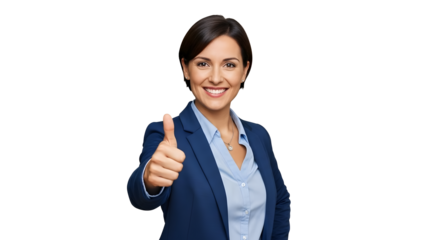A successful woman giving a thumbs up, dressed in professional attire