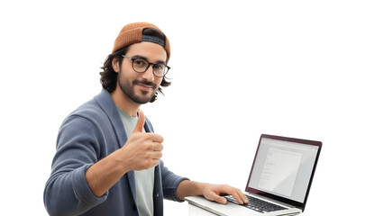 A man sitting at a laptop, giving a thumbs up. He's wearing glasses and a cap, with a smile on his face