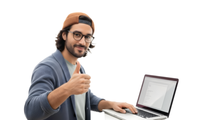A man sitting at a laptop, giving a thumbs up. He's wearing glasses and a cap, with a smile on his face
