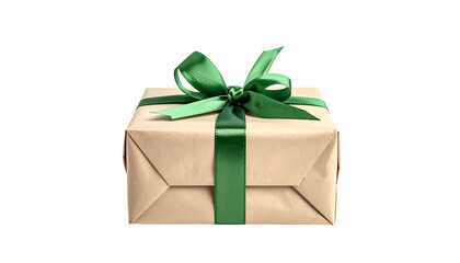 Fototapeta premium A wrapped gift, brown paper and green ribbon with a bow, isolated against black