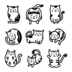 Fototapeta premium Nine cartoon cats with different expressions and poses in black and white line art on a white background.