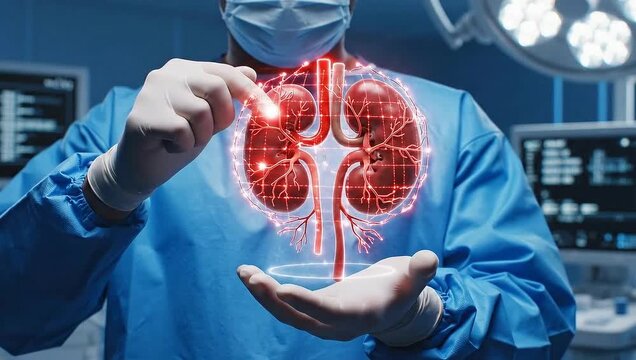 Surgeon holding a glowing holographic projection of human kidneys in an operating room, representing advanced medical technology and organ transplantation.