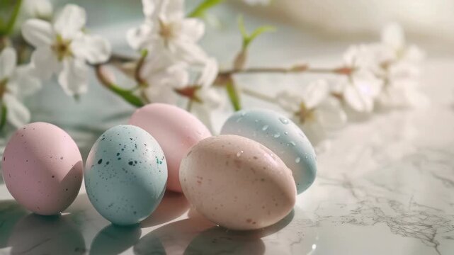A collection of vibrant, dyed Easter eggs grouped together under a flowering tree branch.