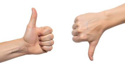Thumbs up and thumbs down hands gestures showing like or dislike. One hand displaying a positive sign, while the other portrays a negative indication