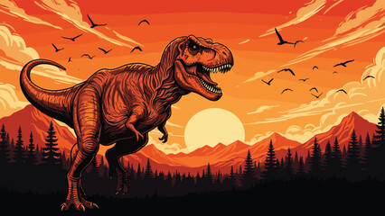 tyrannosaurus, rex, dinosaur, illustration, roaring, predator, sunset, landscape, mountains, forest, birds, dramatic, prehistoric, jurassic, wildlife, nature, art, vector, poster, design © Jisan World