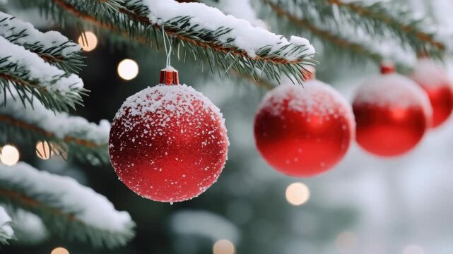 The festive holiday scene includes red baubles dusted with snow on a pine tree branch.