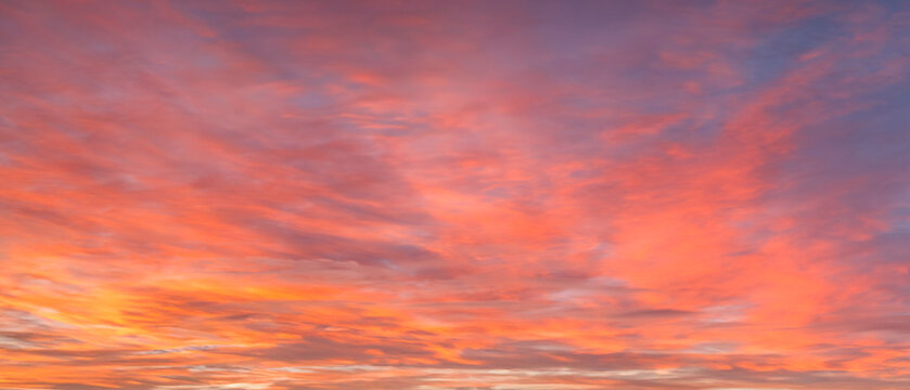 A wide panorama of a beautiful pink and blue sunset sky with clouds. The sky in pink and blue tones creates an atmosphere of calm and tranquility.