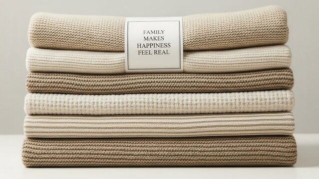 Stack of Neutral Textiles With 'Family Makes Happiness Feel Real' Label